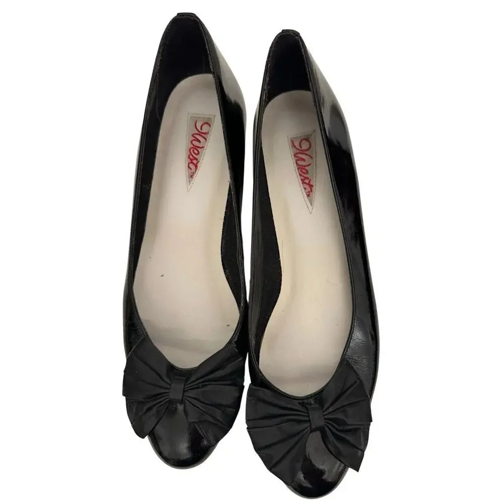 Vintage Nine West Black Patent Bow Wedge Heels Size 9N Retro‎